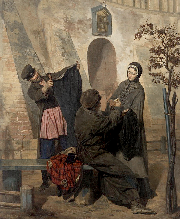 Неврев Н. «Наследство после чиновника. (Вдова продает старое платье покойного мужа)» (1868)