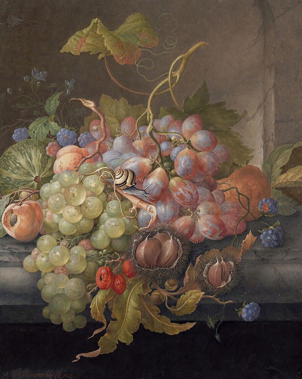 23HermanHenstenburghStill Life of Fruit with Chestnuts and a Snail,c. 1700,,