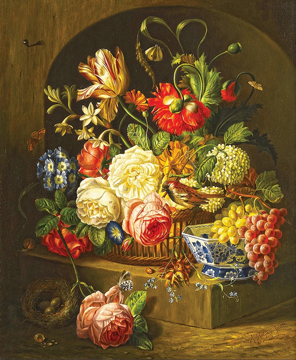 6JosefHolstayn,b1930Натюрморт с букетом цветов и фруктами в кит?