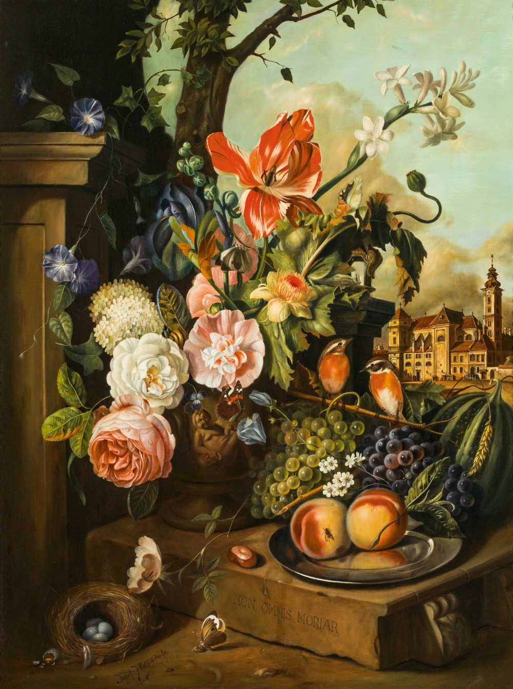 16JosefHolstaynWien,b1930Flower still life with a view of the Schottenstift, Vienna.