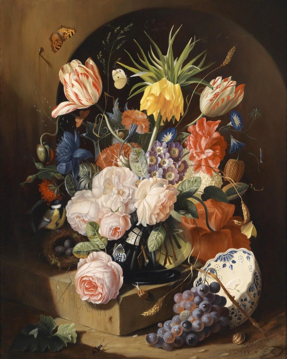 18JosefHolstayn,b1930Букет цветов с делфтской миской на мраморн?