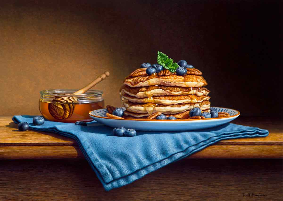 Brett-Humphries-Pecan-and-Blueberry-Pancakes-Acrylic-contemporary-artist-painting-still-life