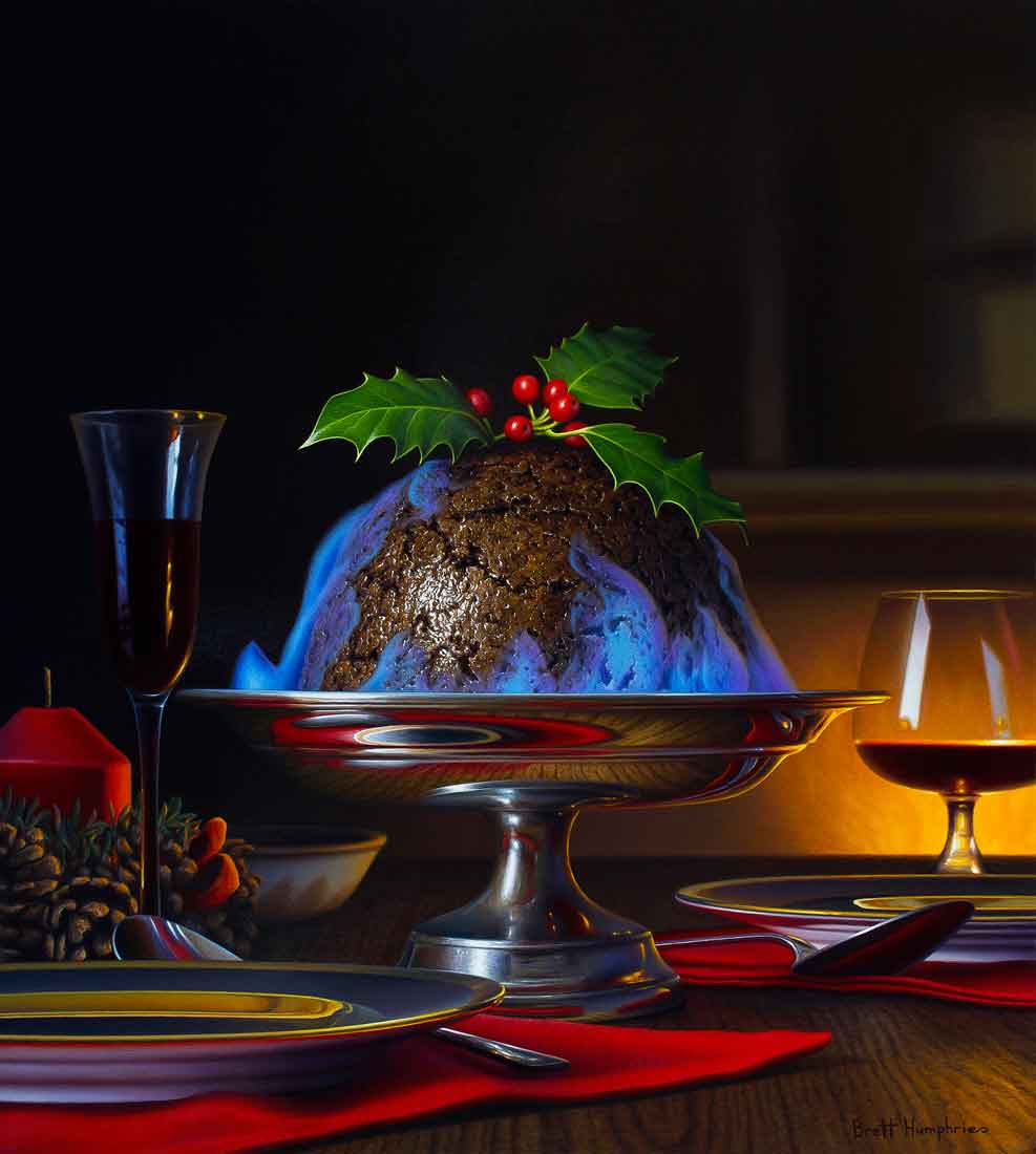 Brett-Humphries-Christmas-Pudding-painting-artist-Devon-flames-Holly-Small-is-beautiful-painting-pai