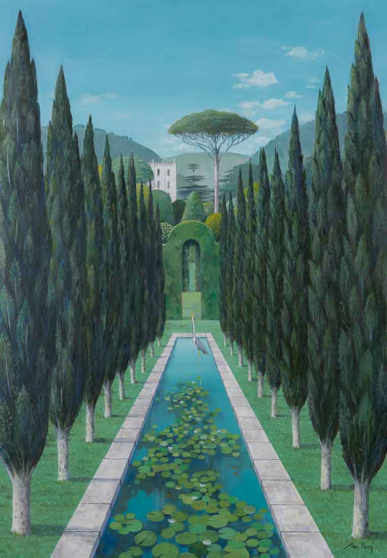 Alan-Parry-Lilly-Pond-Italian-landscape-painting-Villa-Trees-London-art-gallery
