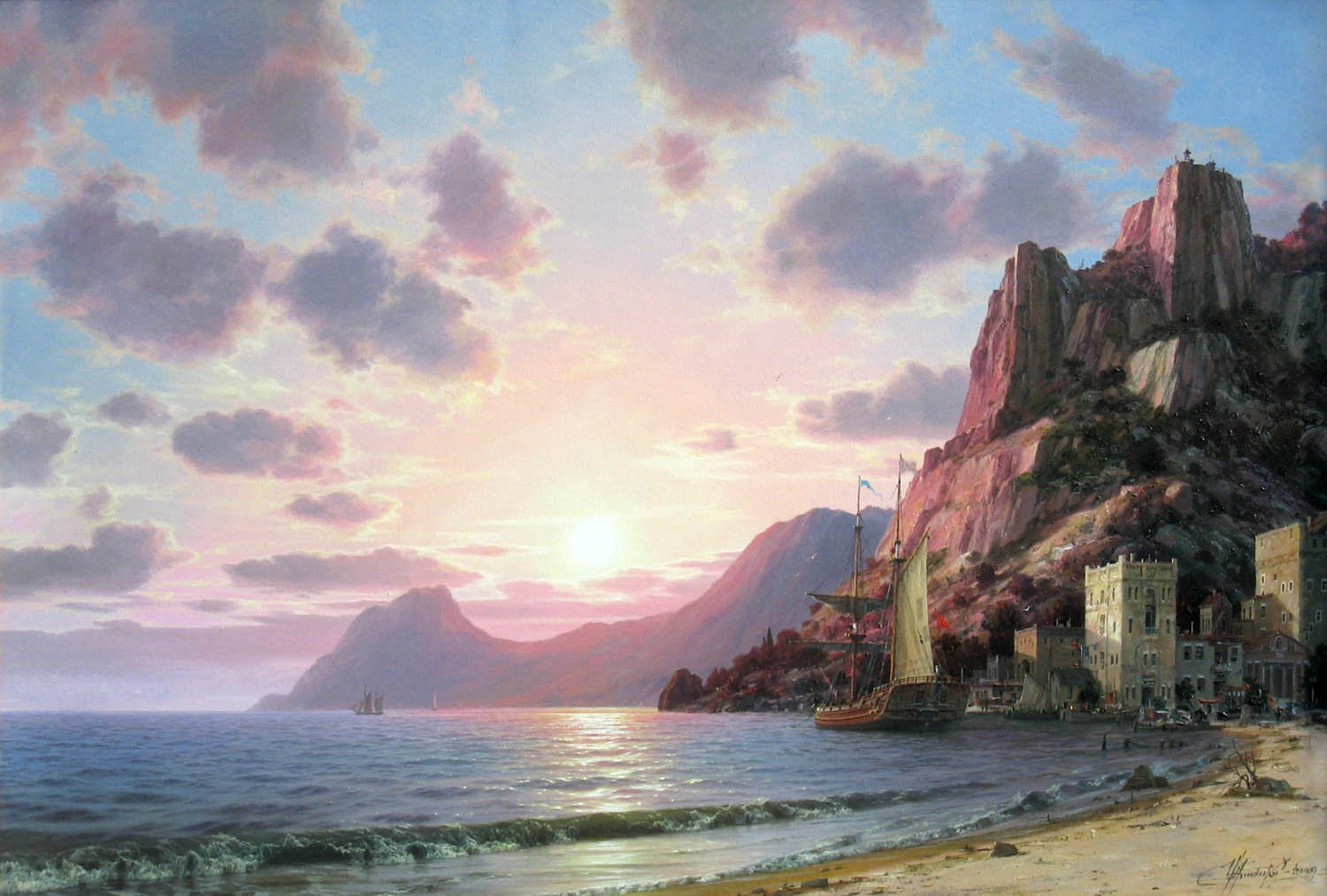 Chernenko-044-sea_ship_boat_castle_tower_cliff_sunset-b