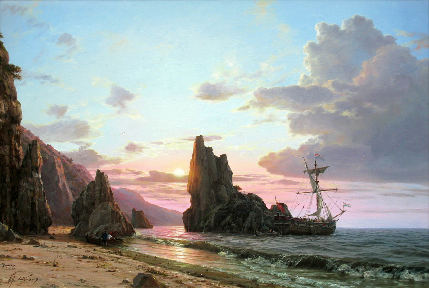 Chernenko-045-sea_ship_shallows_rocks_waves_sunset-b