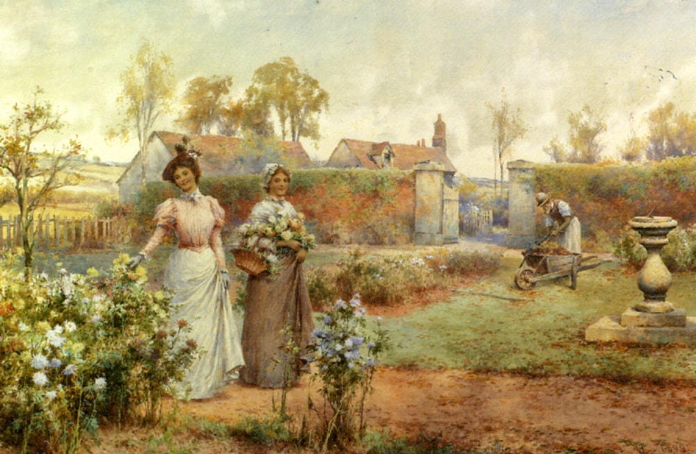 a_lady_and_her_maid_picking_chrysanthemums-large