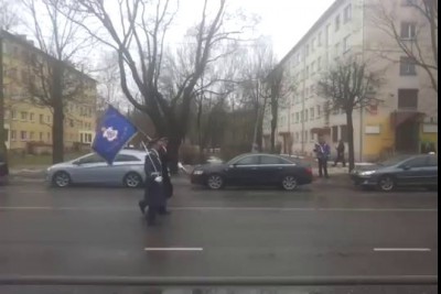 Estonia Narva - Military Parade - Man with the flag of Russia