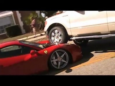 Ferrari 458 Italia crash run over by Ford  F 150 Truck PARKED ON ITS HOOD!!!
