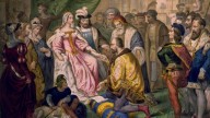 Christopher Columbus kneeling in front of Queen Isabella I.
