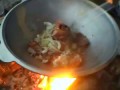 Chicken fried in cauldron, champignons on charcoal / Курица жареная в казане, шампиньоны на углях