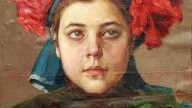 художник.Портрет молодой женщины с красными цветами в