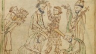 British_Library_Lansdowne_MS_782_f023v_-_Chanson_d'Aspremont_-_Roland_knighted_by_Charles_-crop