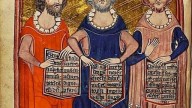 Platoт, Seneca, and Aristotle in an illustration from a medieval manuscript that included various p