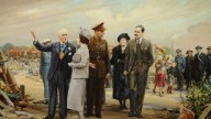 George VI and Queen Elizabeth Inspecting Air Raid Damage at Perivale, 27 September 1940” painted b