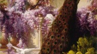 Eugene Bidau (French, -1895) A Peacock and Doves In a Garden, 1888